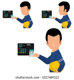 Set of worker is checking out   with the digital card time recorder in the afternoon
