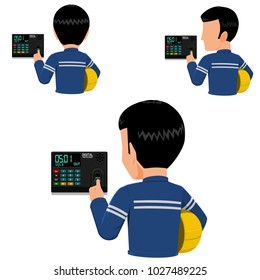 Set of worker is checking out   with the fingerprint time recorder in the afternoon
