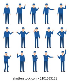 Set of worker or courier characters showing various hand gestures. Workman pointing, greeting, showing victory hand, stop sign and other gestures. Flat design vector illustration