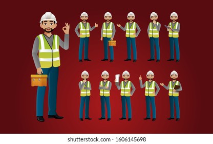 Set of worker with different poses