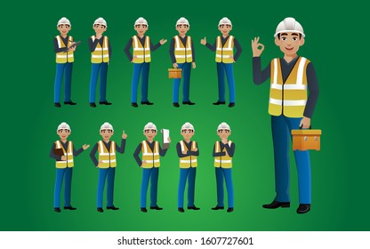 Set of worker with different poses
