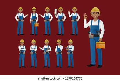 Set of worker with different poses