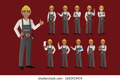 Set of worker with different poses