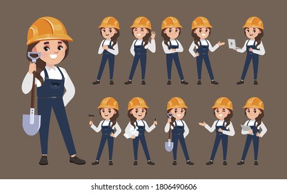 Set of worker with different poses
