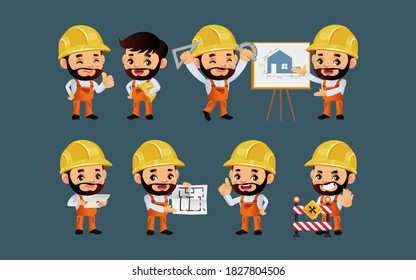 Set of worker with different poses