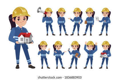 Set of worker with different poses