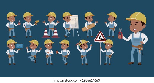 Set of worker with different poses