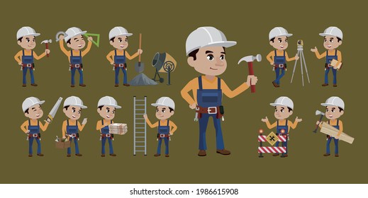 Set of worker with different poses