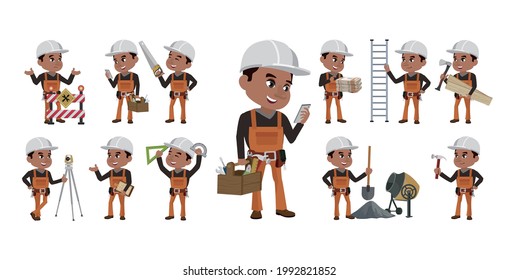 Set of worker with different poses