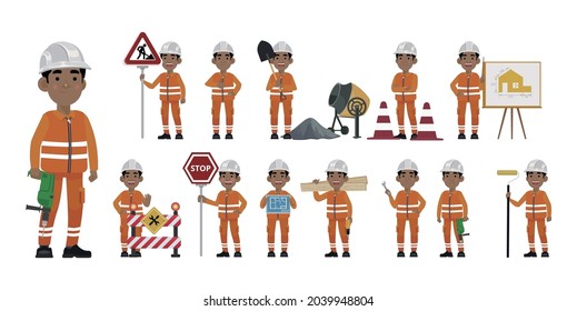 Set of worker with different poses