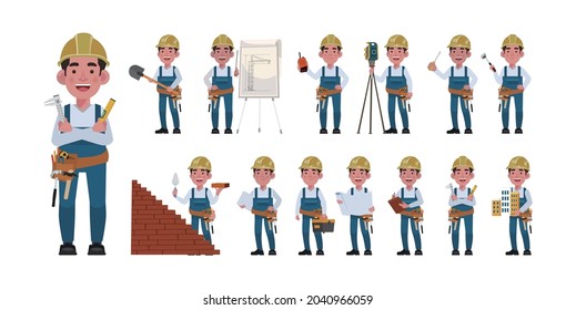 Set of worker with different poses