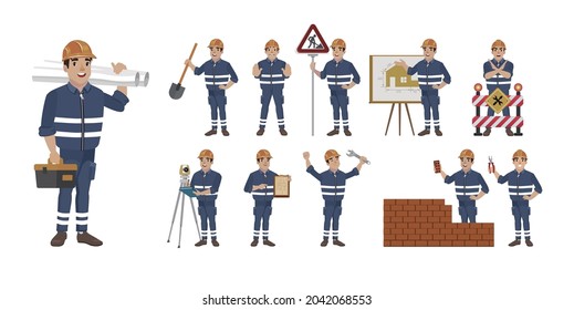 Set of worker with different poses