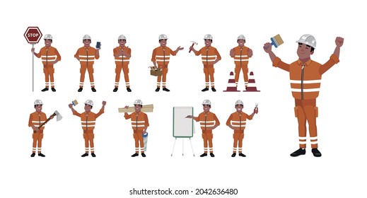 Set of worker with different poses