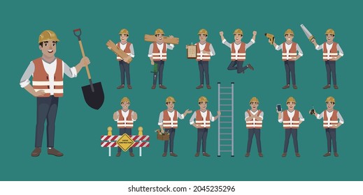 Set of worker with different poses