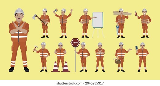 Set of worker with different poses