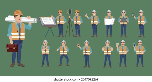 Set of worker with different poses