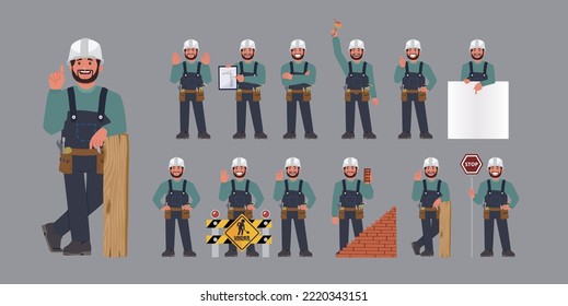 Set of worker with different poses