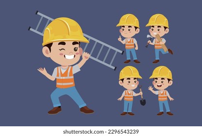 Set of worker with different poses