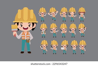 Set of worker with different poses