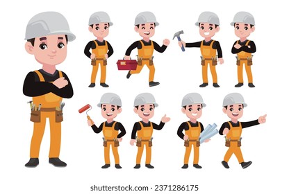 Set of worker with different poses