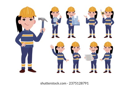 Set of worker with different poses