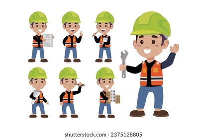 Set of worker with different poses
