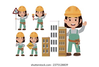 Set of worker with different poses