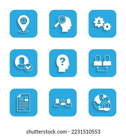 Set Worker, Exchange work, Globe and people, Resume, Human with gear and location icon. Vector