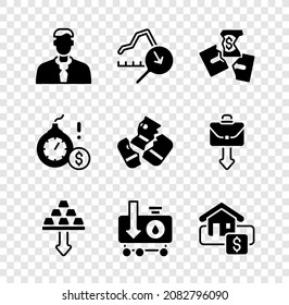 Set Worker, Global Economic crisis, Tearing Geld Banknote, Gold Bars, Drop Rohöl Preis, Hanging-Zeichen mit Verkauf, Money Bomb Dollar und Kreditkarte Symbol. Vektorgrafik