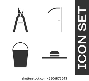 Set Worker hat, Gardening handmade scissors, Bucket and Scythe icon. Vector