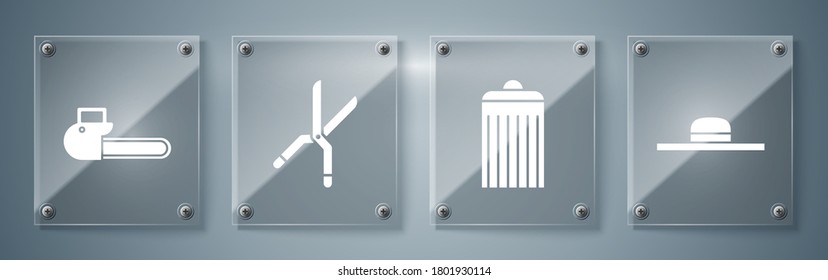 Set Worker hat, Trash can, Gardening handmade scissors and Chainsaw. Square glass panels. Vector