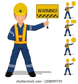 Set of worker is holding blank sign on transparent background
