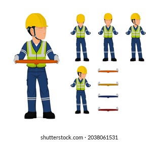 Arbeiter-Set hält Handrad auf weißem Hintergrund