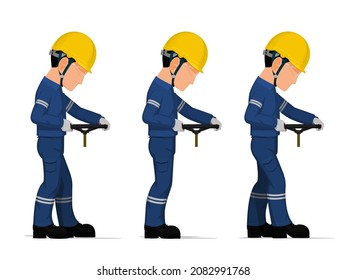 set of worker is holding hand wheel on white background