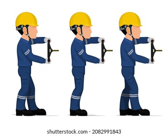 set of worker is holding hand wheel on white background