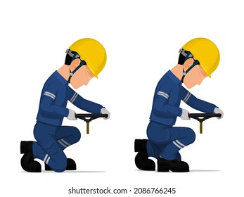 set of worker is holding hand wheel on white background