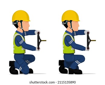 set of worker is holding hand wheel on white background
