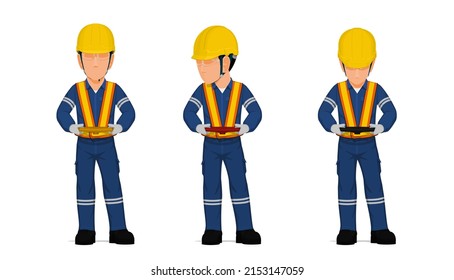 set of worker is holding hand wheel on white background
