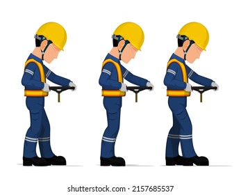 set of worker is holding hand wheel on white background
