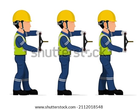 set of worker is holding hand wheel on white background
