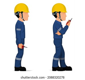 Set of worker is holding a walkie-talkie