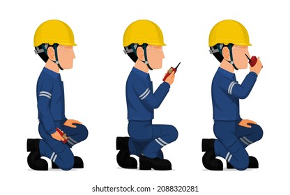 Set of worker is holding a walkie-talkie