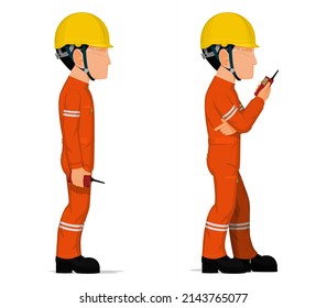Set of worker  is holding a walkie-talkie
