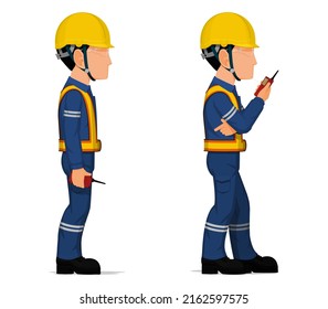 Set of worker  is holding a walkie-talkie
