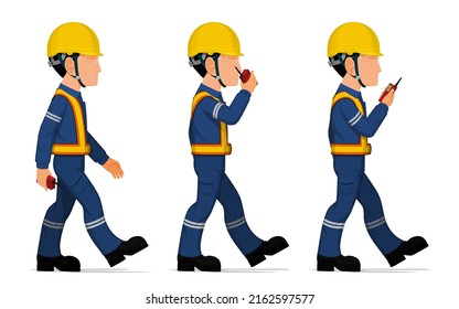 Set of worker  is holding a walkie-talkie
