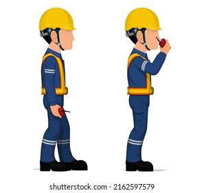 Set of worker  is holding a walkie-talkie
