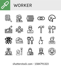 Set of worker icons. Such as Chisel, Maintenance, Clerk, Users, Plaster, Helmet, Trowel, Team, Doorman, Hammer, Tools, Bee, Caliper, Maid, Tool, Engineer, Pilot , worker icons