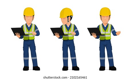 set of worker with laptop on white background
