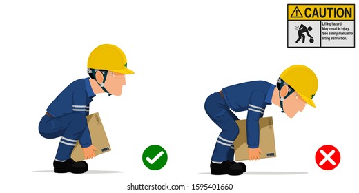 Set of  worker is lifting the carton with the right and wrong method.
