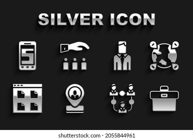 Set Worker location, Location the globe, Briefcase, Project team base, Browser files, Chat messages phone and Boss with employee icon. Vector
